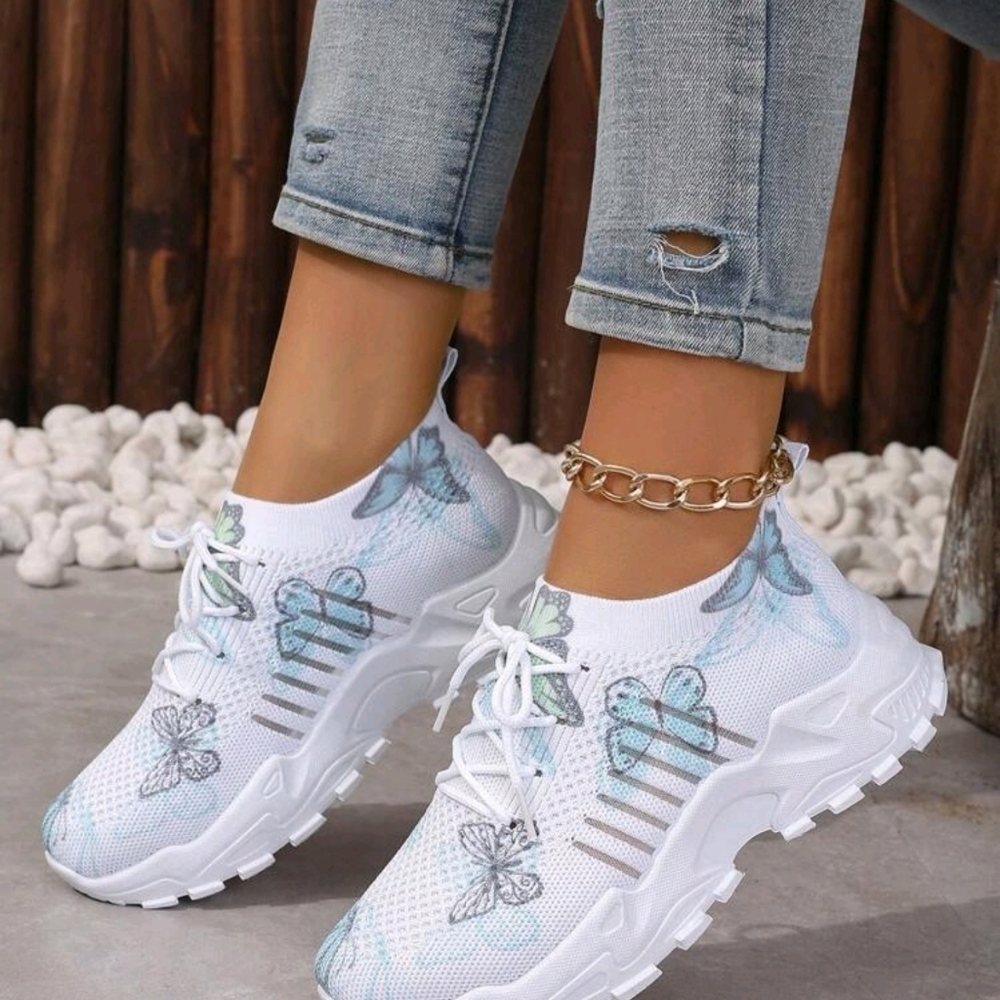 Women's Butterfly Pattern Mesh Sneakers, Color Block Low Top Lace-Up Casual - Picture 4 of 6